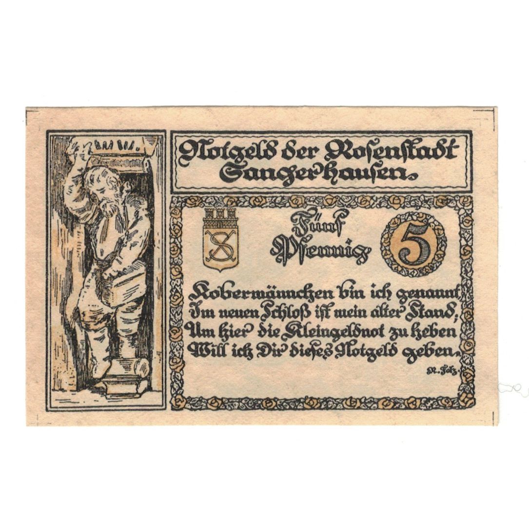 Banconote, Germania, Sangerhausen Stadt, 5 Pfennig, Texte, 1921, 1921-03-26