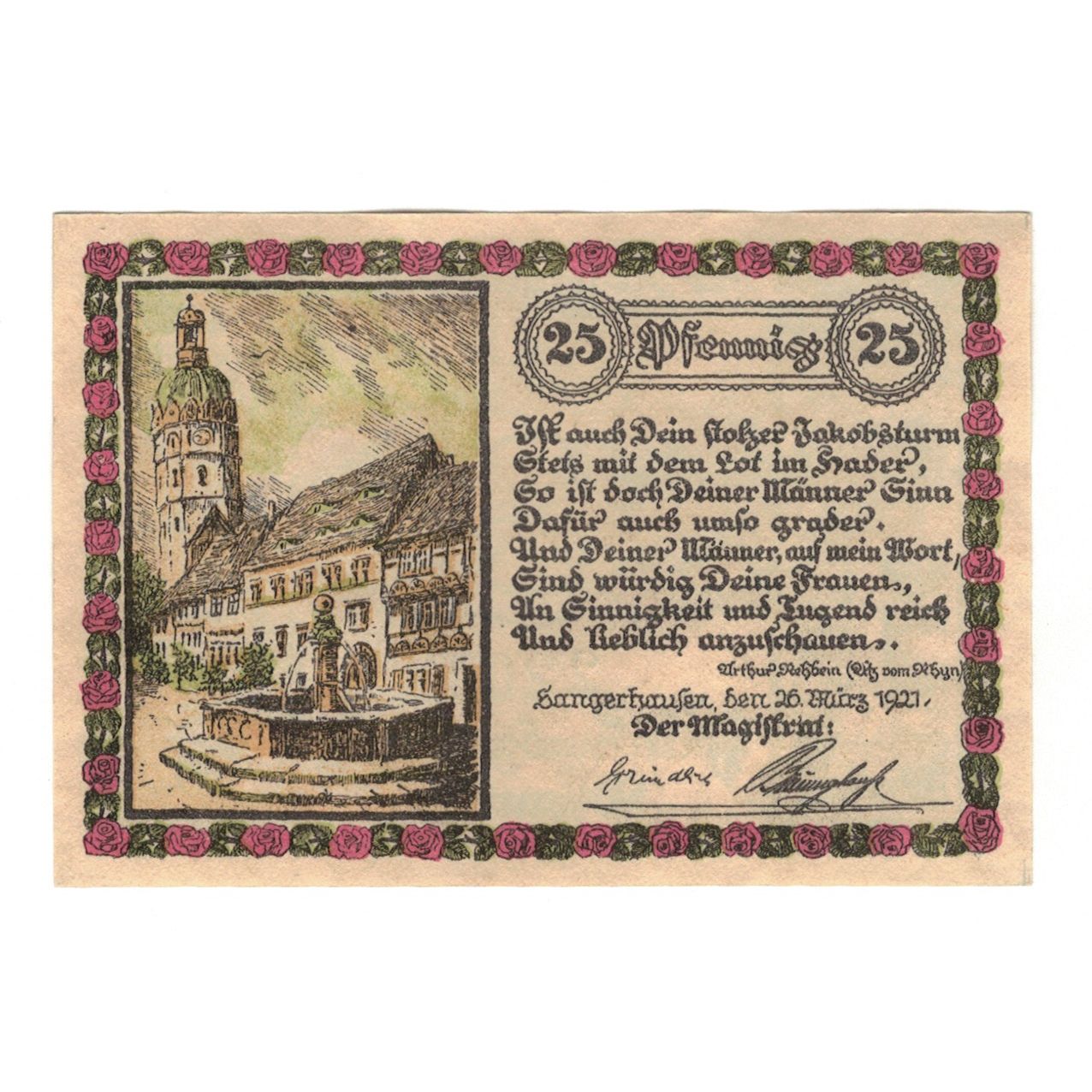 Geldschein, Deutschland, Sangerhausen Stadt, 25 Pfennig, Texte, 1921