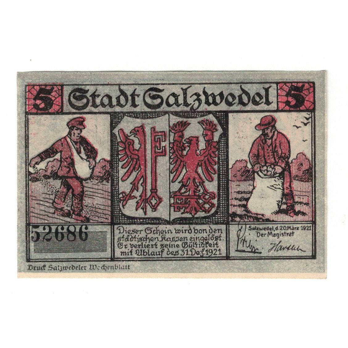 Banknote, Germany, Salzwedel Stadt, 5 Pfennig, rue, 1921, 1921-12-31, AU(55-58)