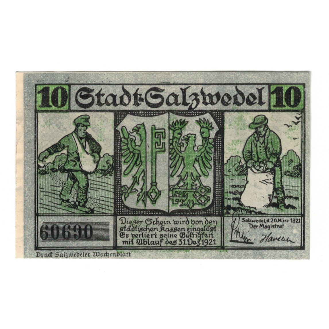 Banknote, Germany, Salzwedel Stadt, 10 Pfennig, tour, 1921, 1921-12-31