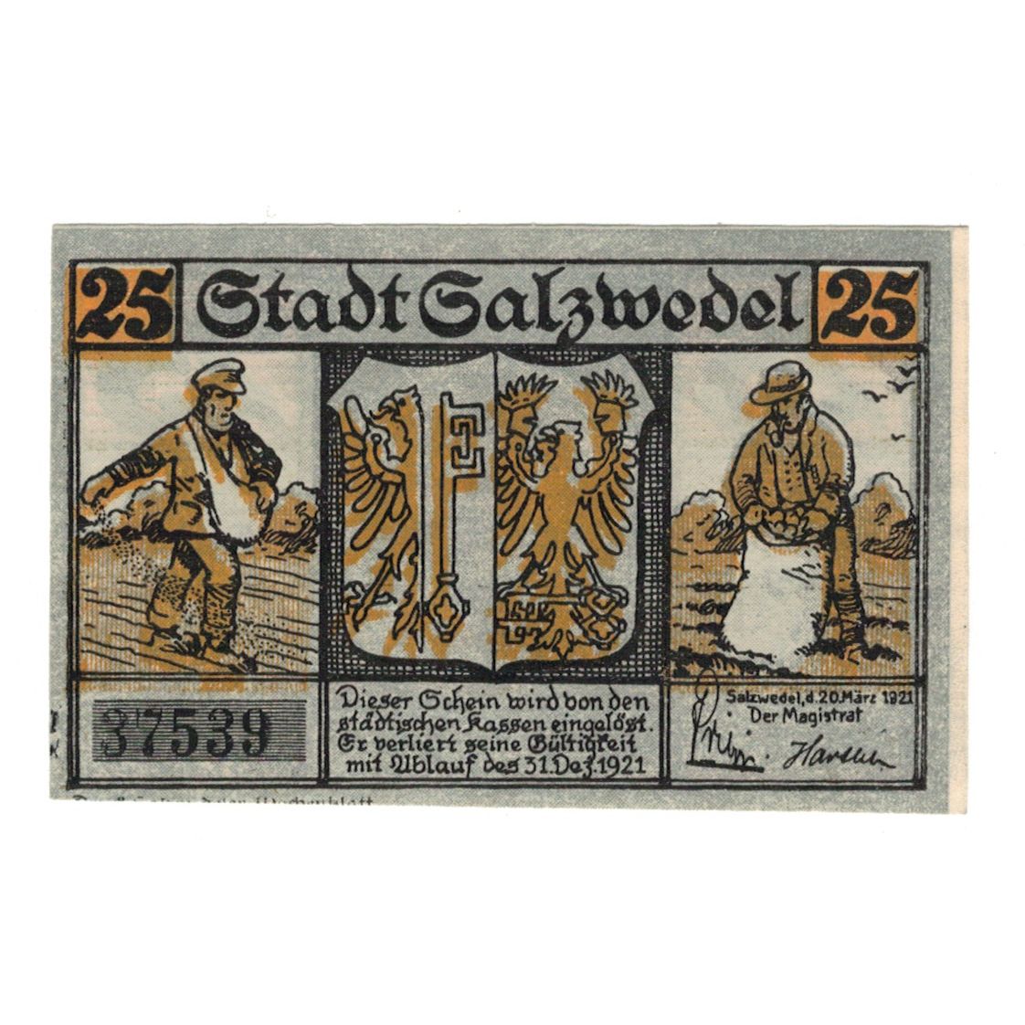 Banconote, Germania, Salzwedel Stadt, 25 Pfennig, personnage, 1921, 1921-12-31