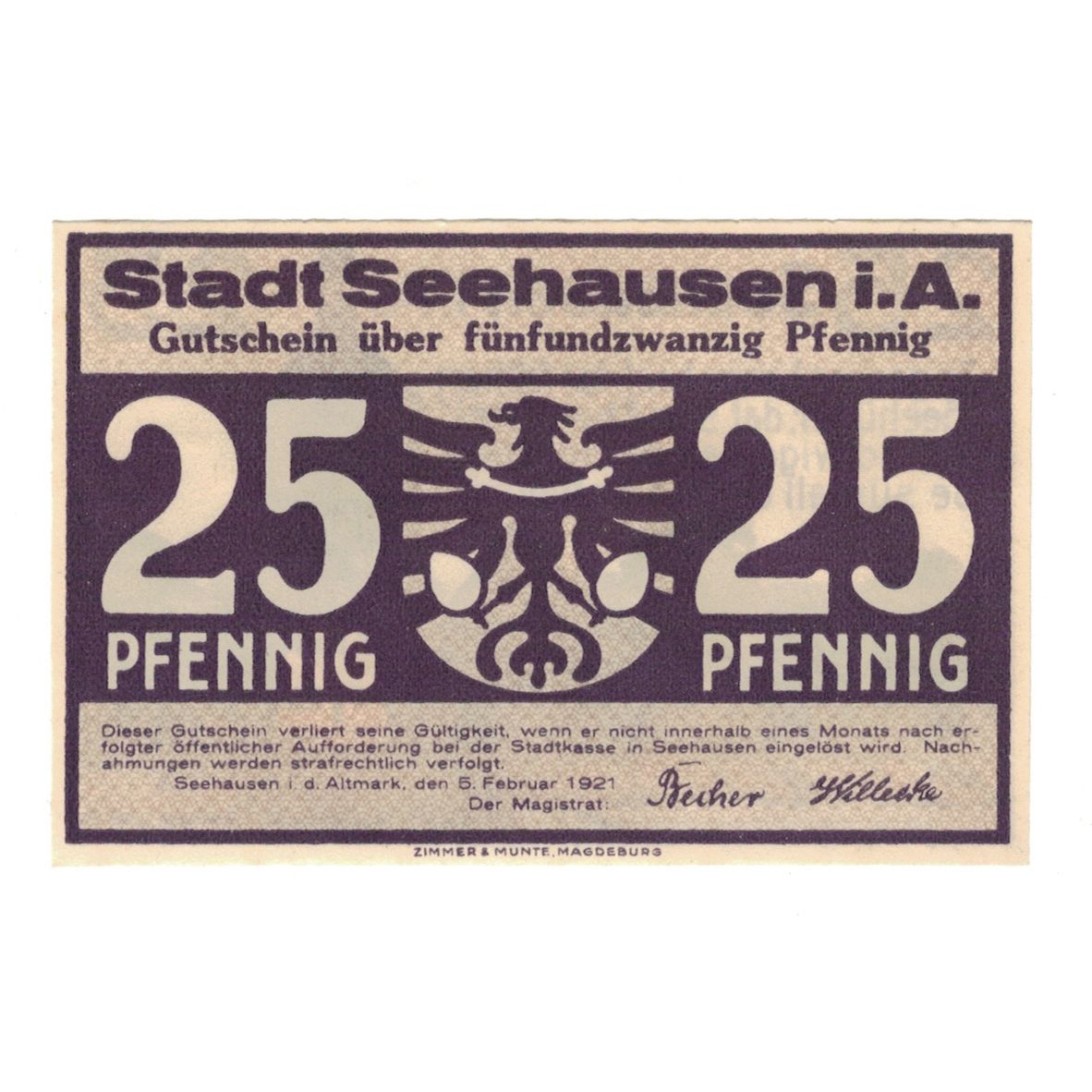 Banknote, Germany, Seehausen i. Altmark Stadt, 25 Pfennig, paysage, 1921