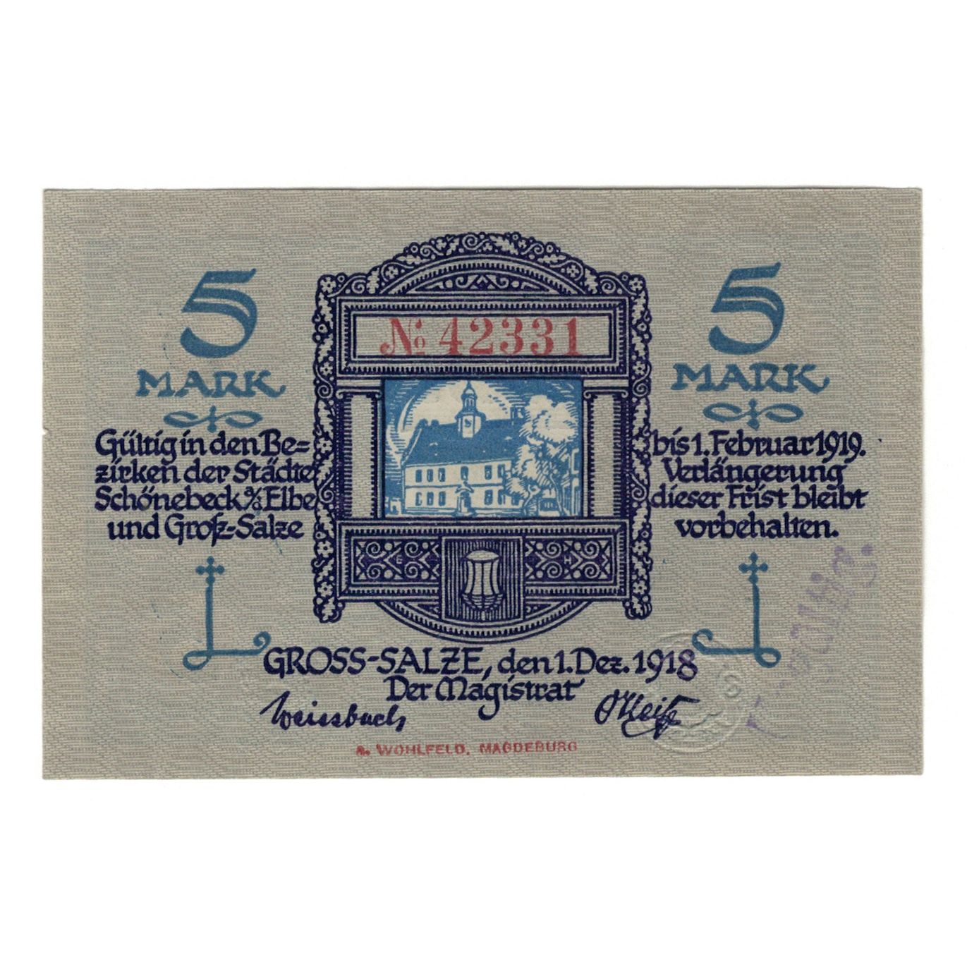 Banknote, Germany, Schönebeck und Gross-Salze, 5 Mark, Batiment, 1918