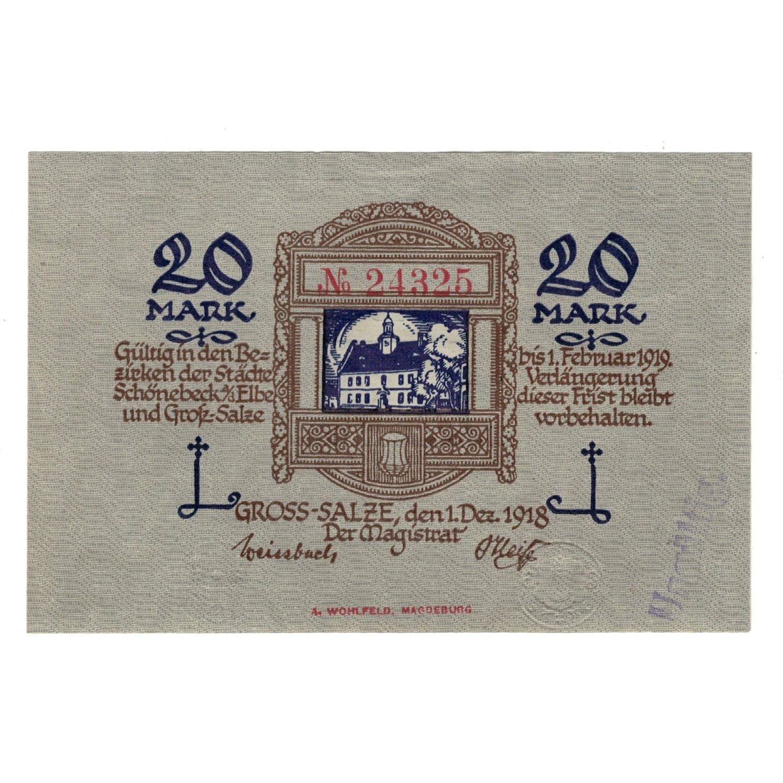 Banknote, Germany, Schönebeck und Gross-Salze, 20 Mark, Batiment, 1918