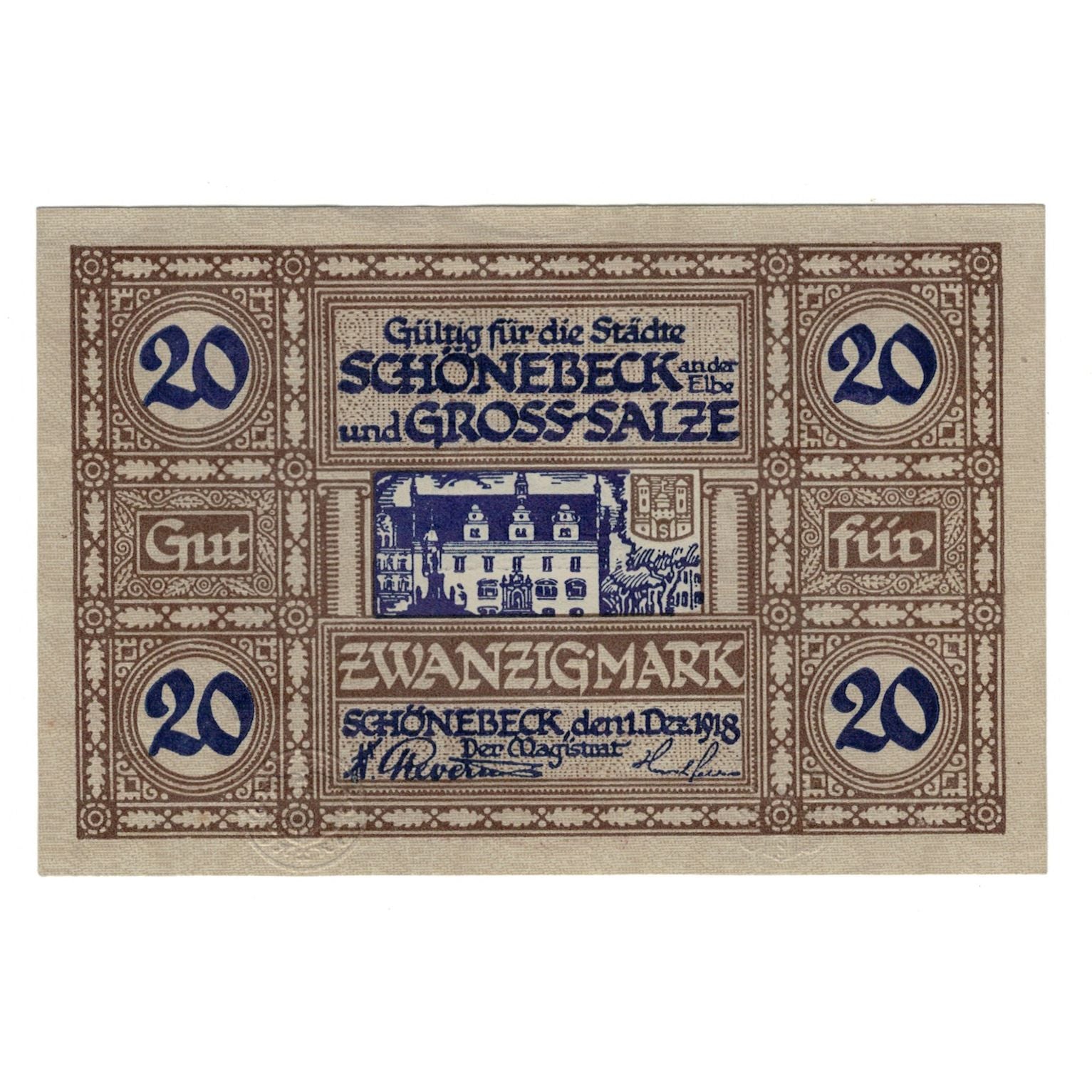 Banknote, Germany, Schönebeck und Gross-Salze, 20 Mark, Batiment, 1918
