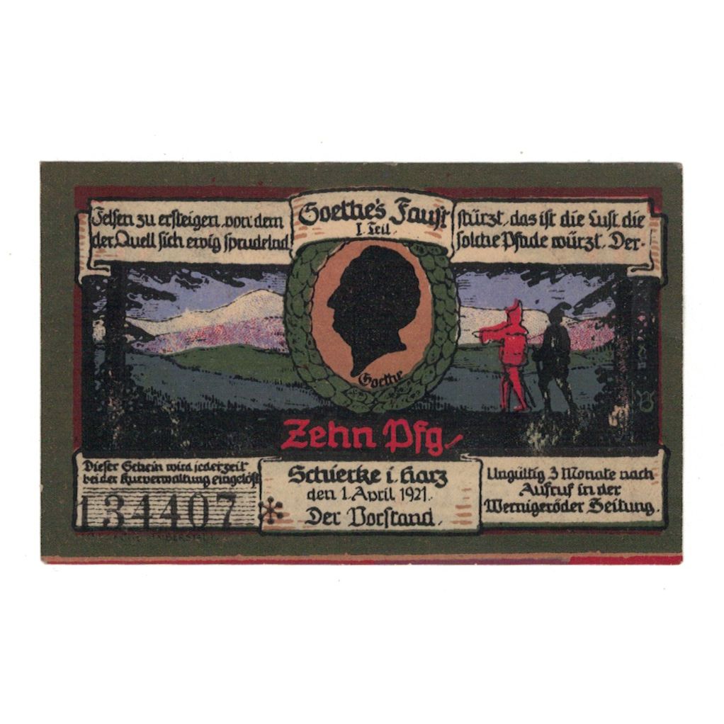 Banconote, Germania, Schierke im Harz Kurverwaltung, 10 Pfennig, paysage, 1921