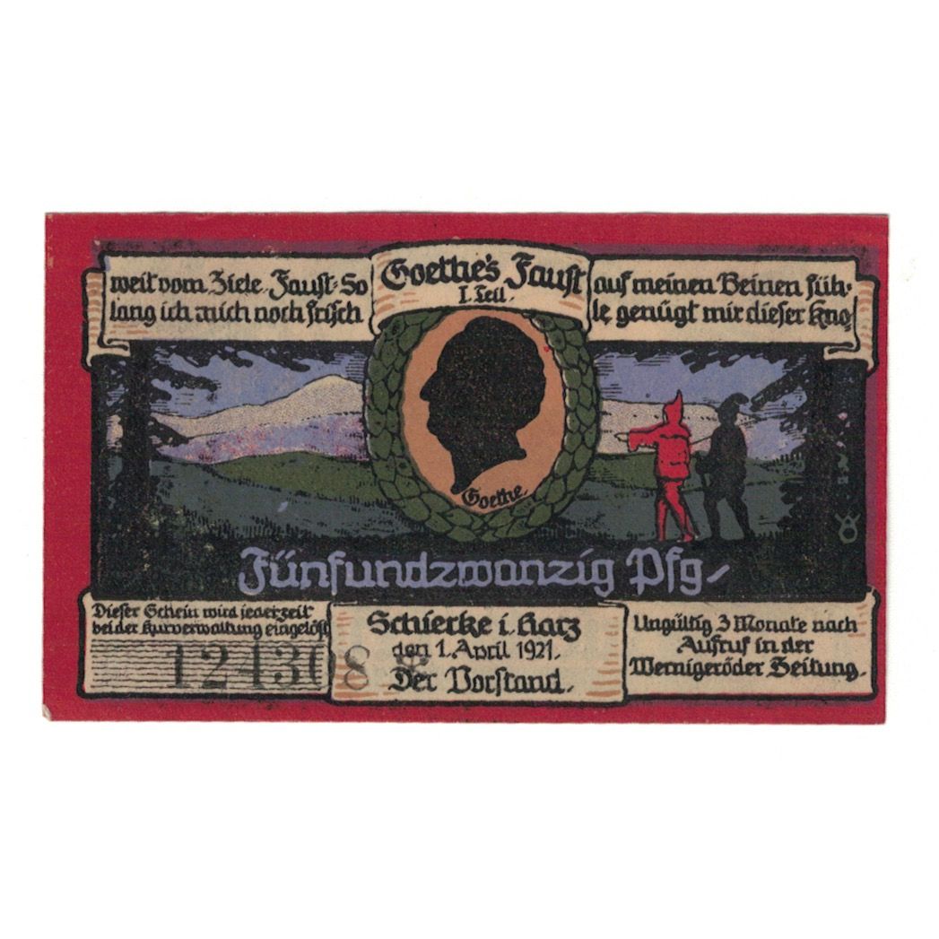Banconote, Germania, Schierke im Harz Kurverwaltung, 25 Pfennig, paysage, 1921