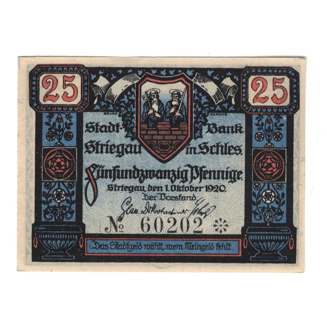 Banknote, Germany, Striegau Städtische Sparkasse, 25 Pfennig, Batiment, 1920
