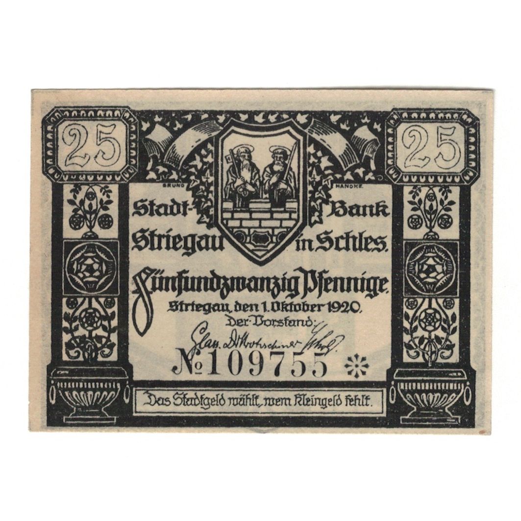 Banknote, Germany, Striegau Städtische Sparkasse, 25 Pfennig, batiment 1, 1920