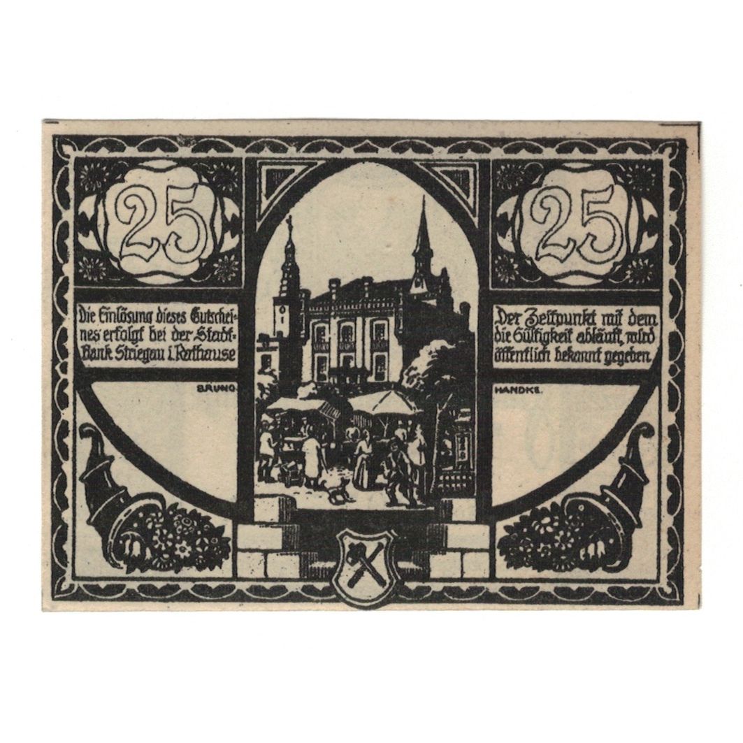Banknote, Germany, Striegau Städtische Sparkasse, 25 Pfennig, batiment 1, 1920