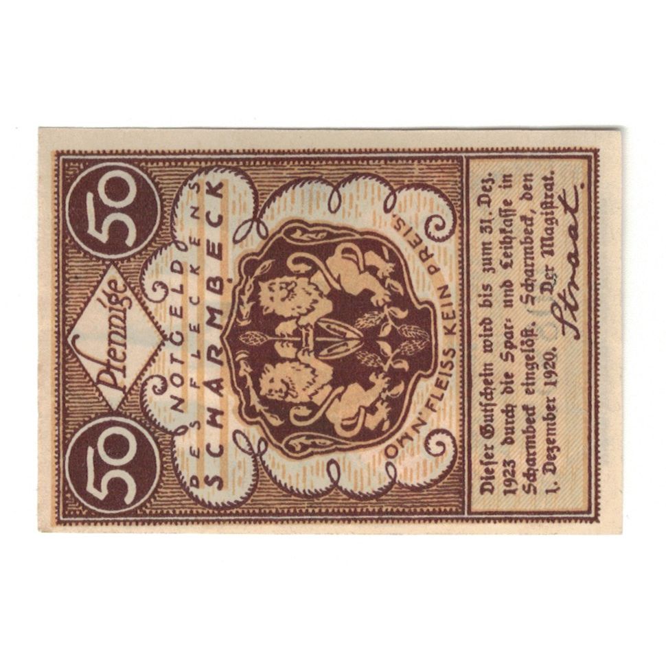 Billet, Allemagne, Scharmbeck Stadt, 50 Pfennig, Blason 1, 1923, 1923-12-31