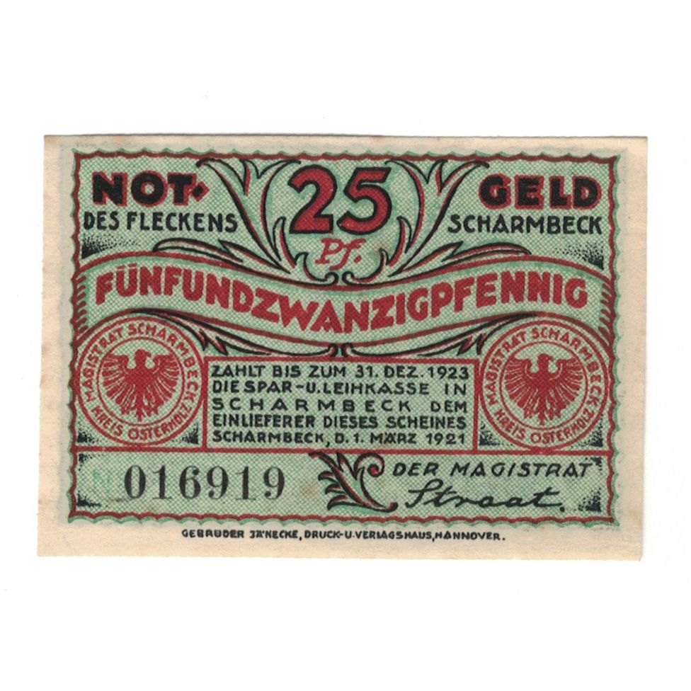 Banknote, Germany, Scharmbeck Stadt, 25 Pfennig, Blason, 1923, 1923-12-31