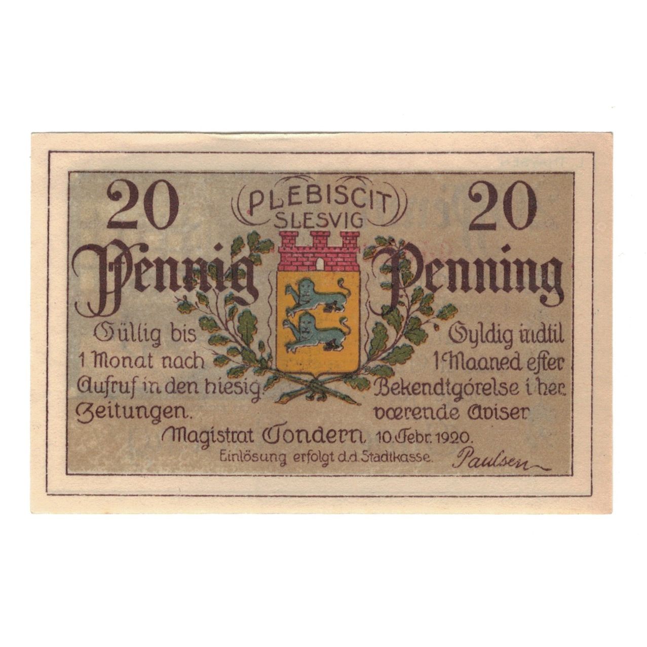 Banconote, Germania, Tondern Stadt, 20 Pfennig, Blason, 1920, 1920-02-10, SPL-