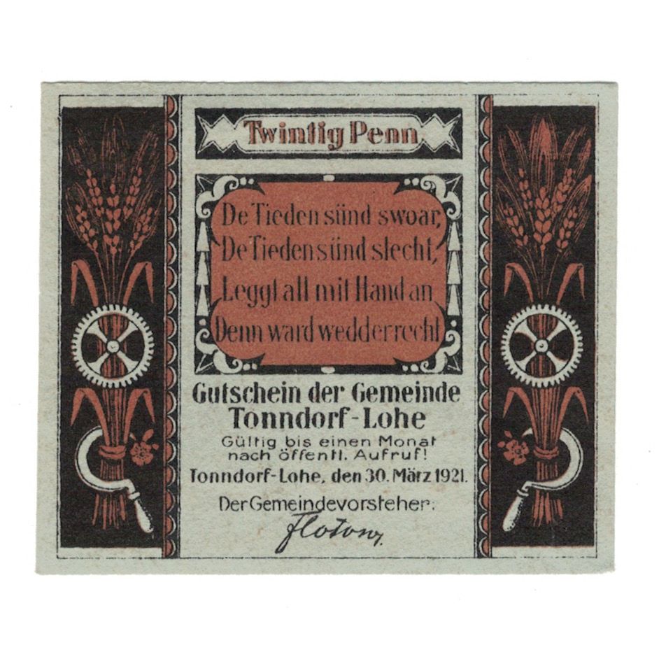 Geldschein, Deutschland, Tonndorf Lohe Gemeinde, 20 Pfennig, personnage, 1921