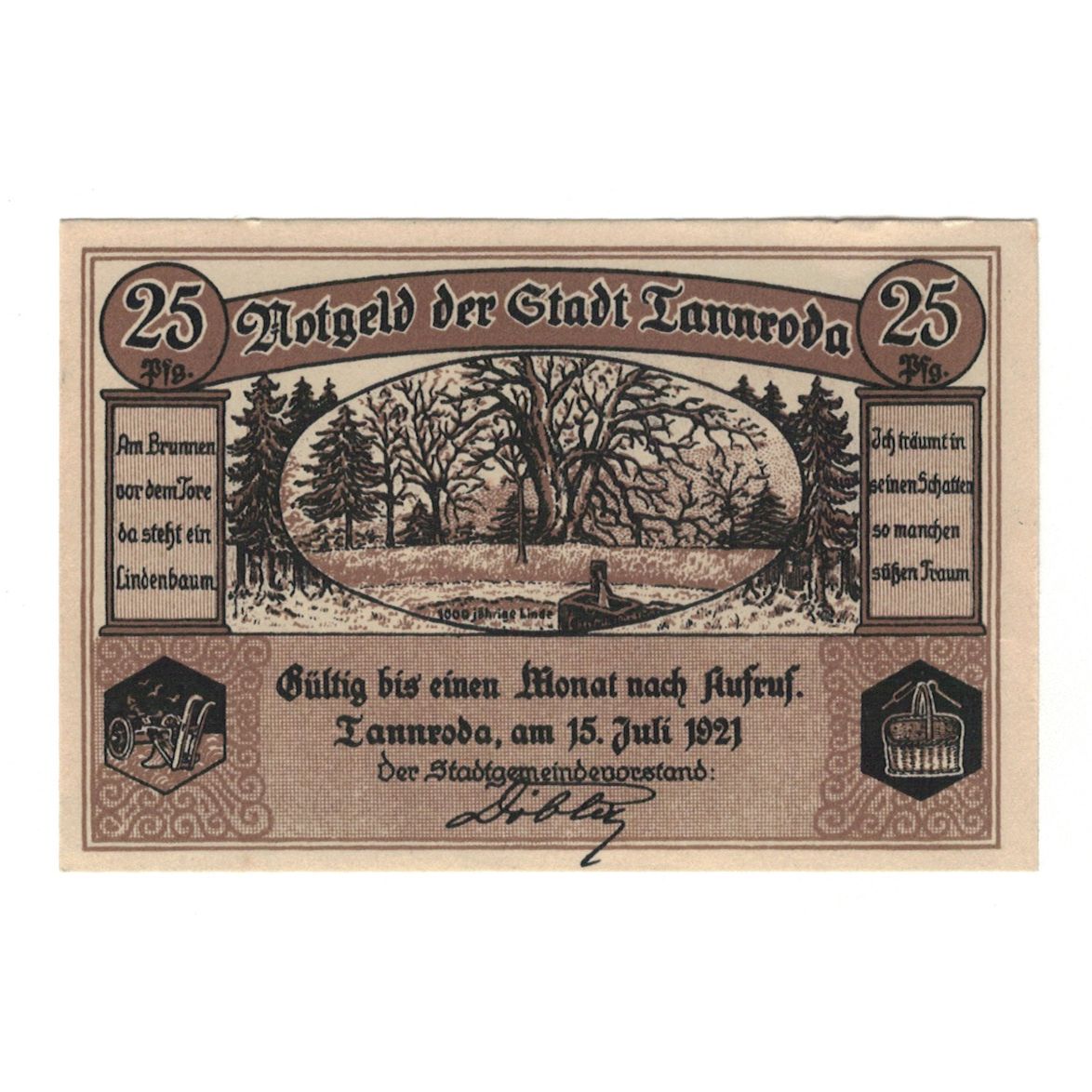 Geldschein, Deutschland, Tannroda Stadt, 25 Pfennig, valeur faciale, 1921