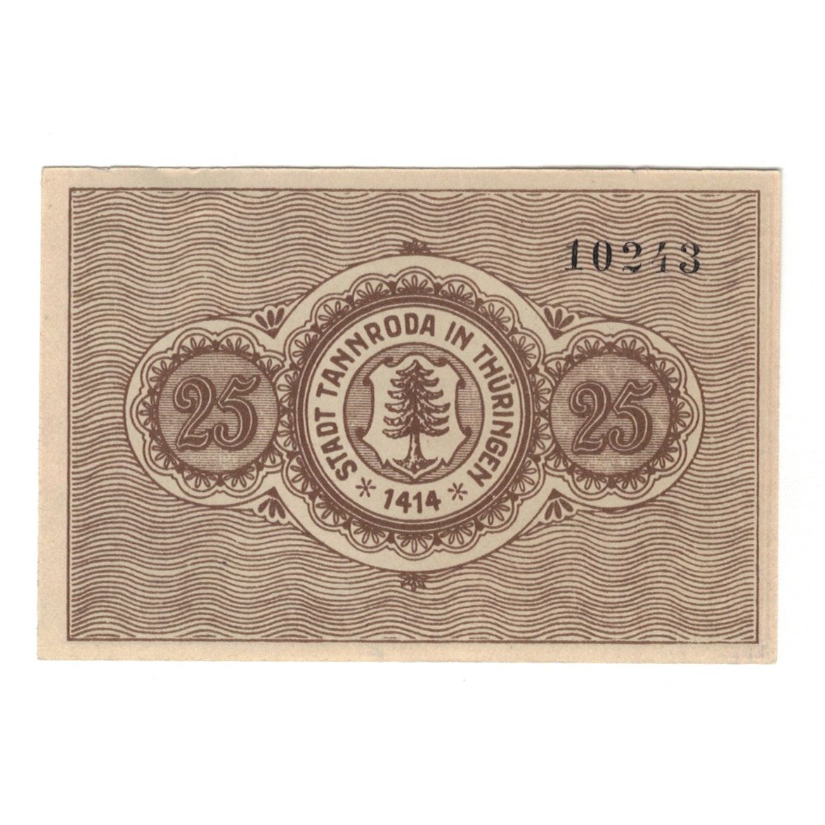 Geldschein, Deutschland, Tannroda Stadt, 25 Pfennig, valeur faciale, 1921