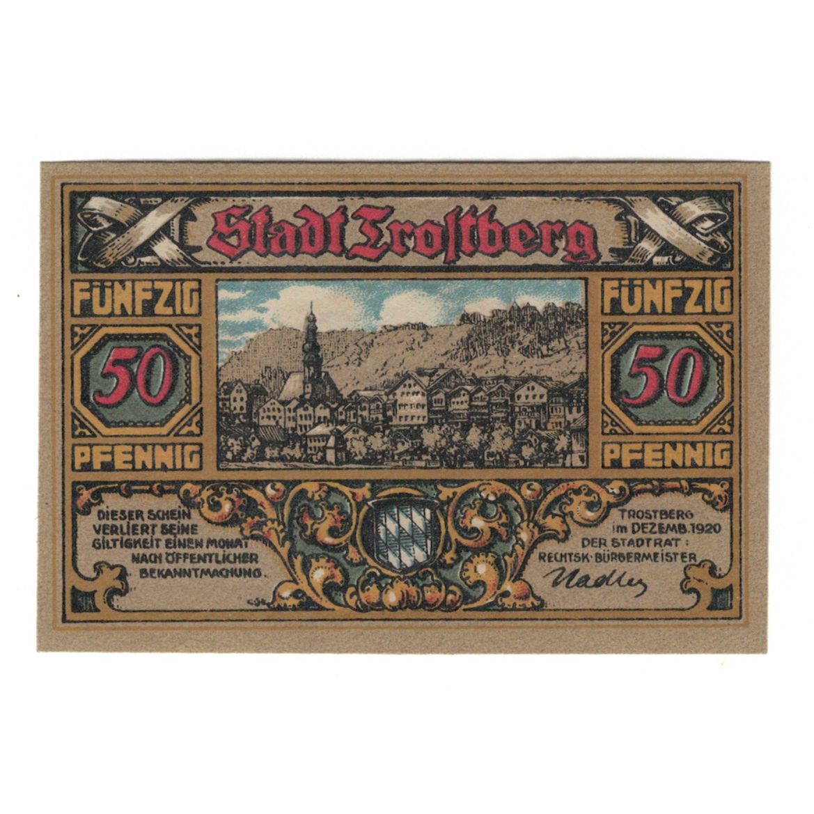 Banknot, Niemcy, Trostberg Stadt, 50 Pfennig, Lions, 1920, AU(55-58)