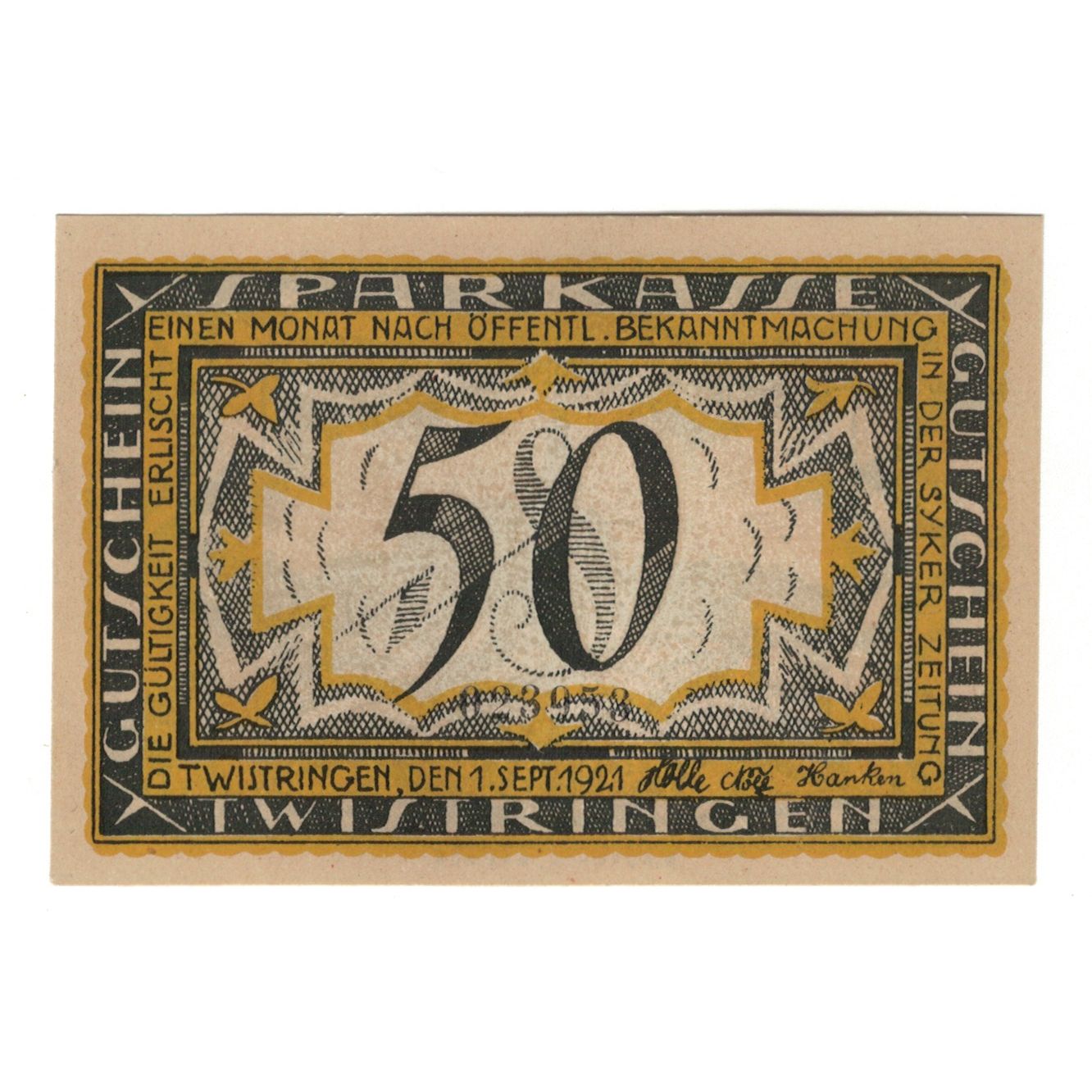 Banconote, Germania, Twistringen Sparkasse, 50 Pfennig, paysage, 1921