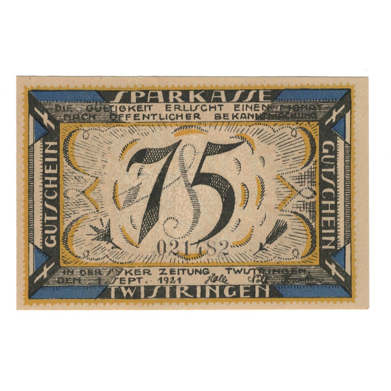 Banknote, Germany, Twistringen Sparkasse, 75 Pfennig, personnage, 1921