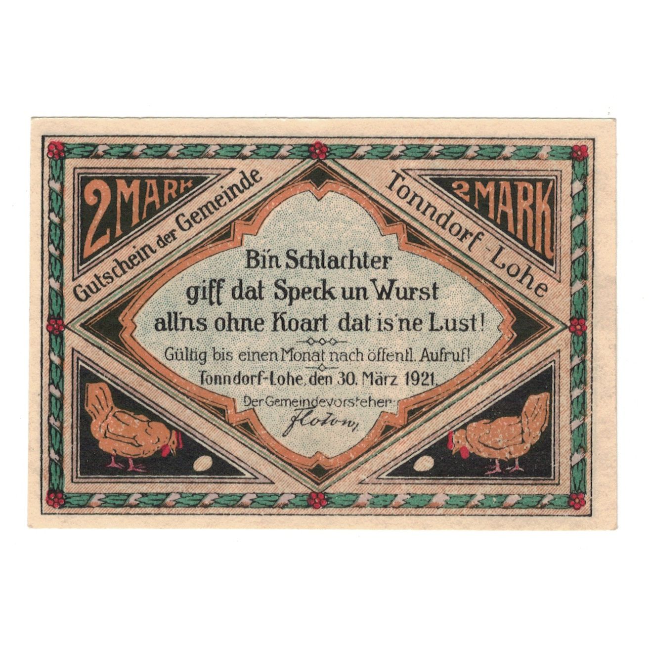 Banknote, Germany, Tonndorf Lohe Gemeinde, 2 Mark, personnage, 1921, 1921-03-30