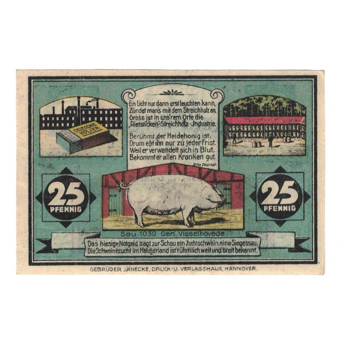 Banknote, Germany, Visselhövede Flecken, 25 Pfennig, cochon, 1922, 1922-12-31