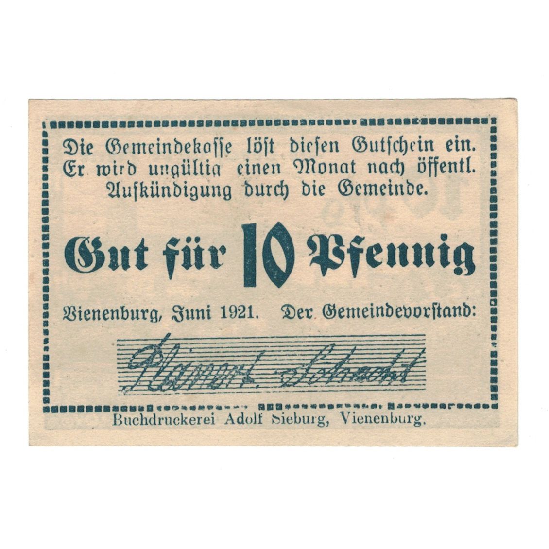 Banknote, Germany, Vienenburg am Harz Gemeinde, 10 Pfennig, paysage, 1921