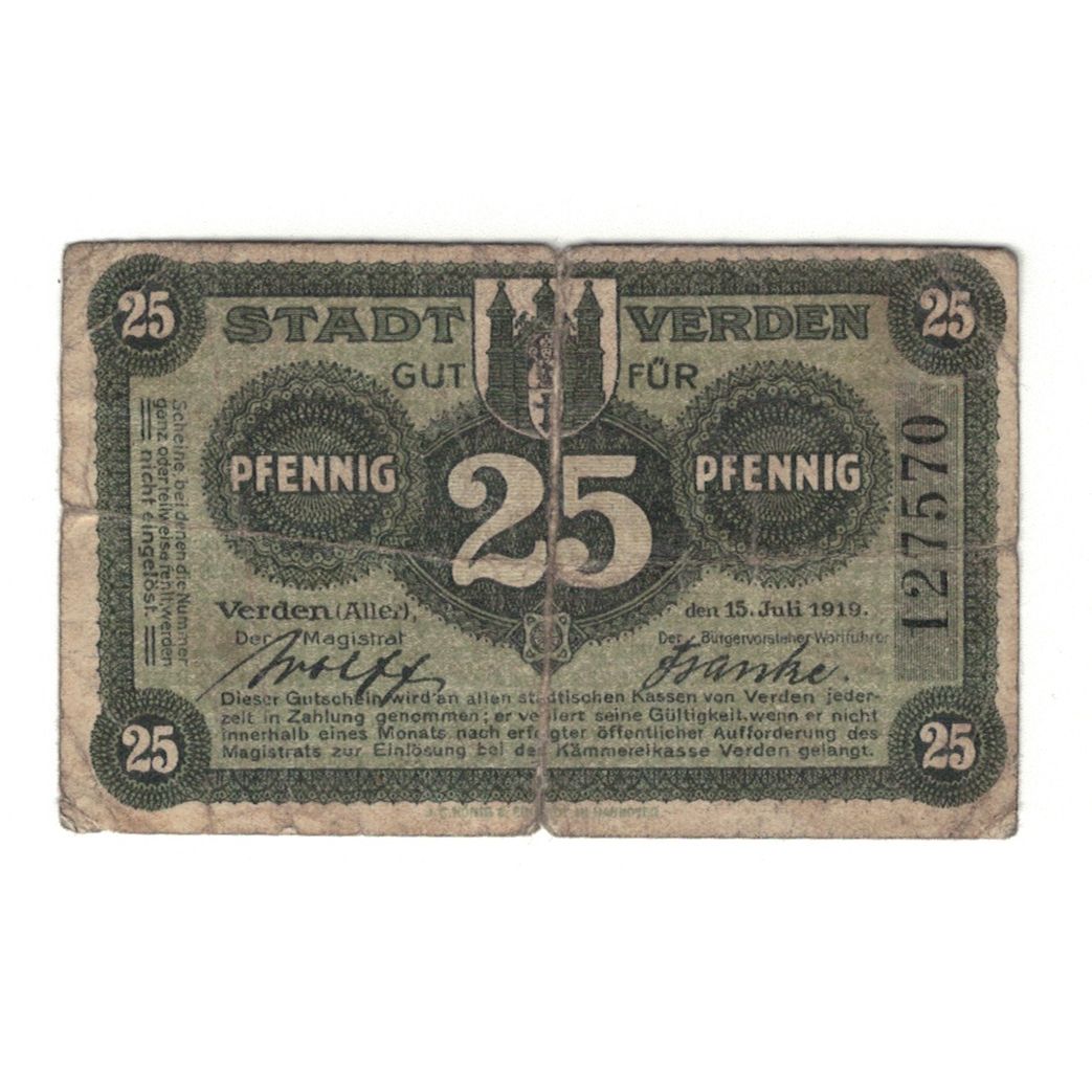 Banknote, Germany, Verden a. Aller Stadt, 25 Pfennig, valeur faciale, 1919