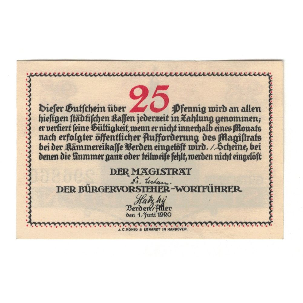 Banknote, Germany, Verden a. Aller Stadt, 25 Pfennig, Texte, 1920, 1920-06-01