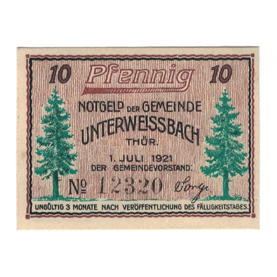 Banknote, Germany, Unterweißbach Gemeinde, 10 Pfennig, personnage, 1921