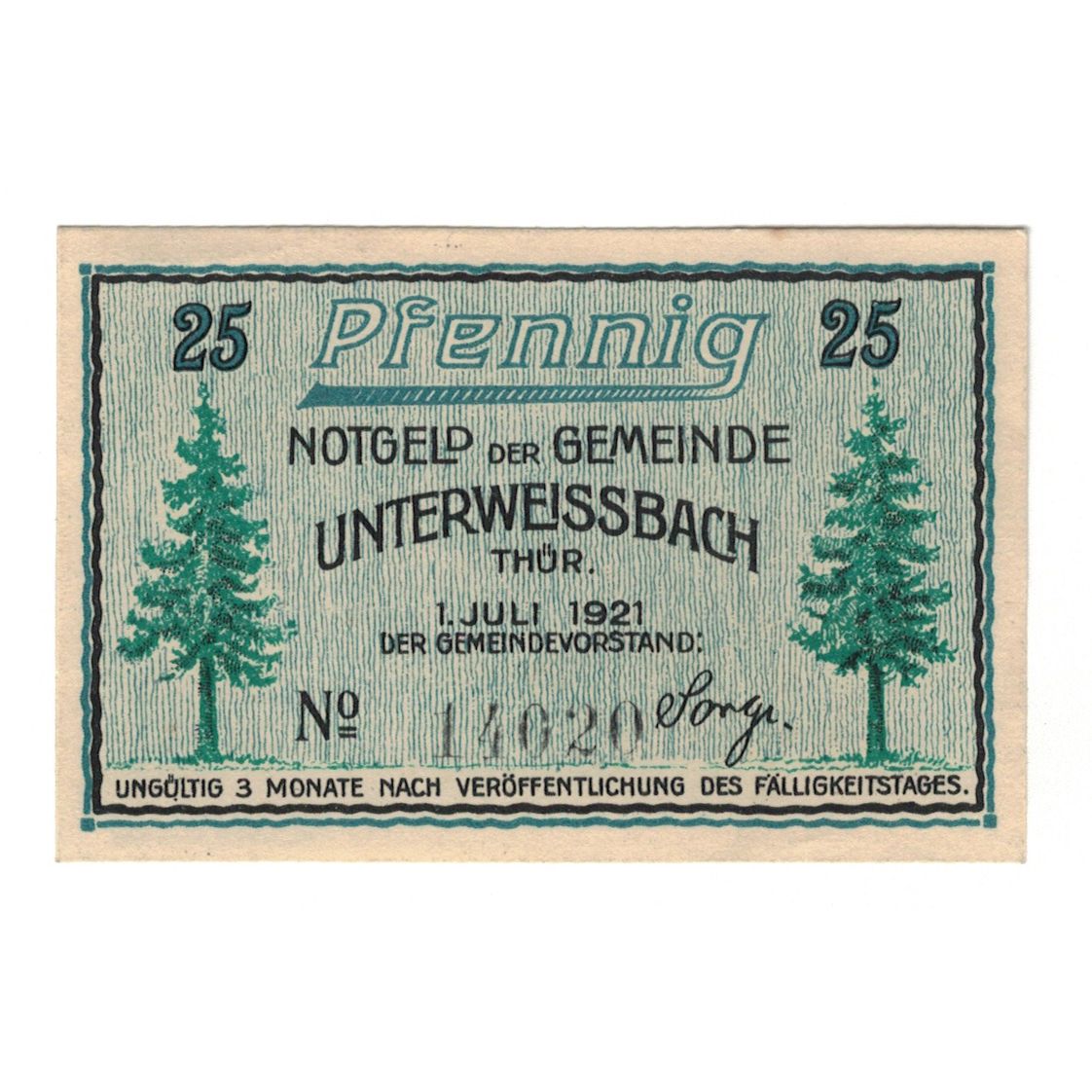 Banknote, Germany, Unterweißbach Gemeinde, 25 Pfennig, Véhicule, 1921