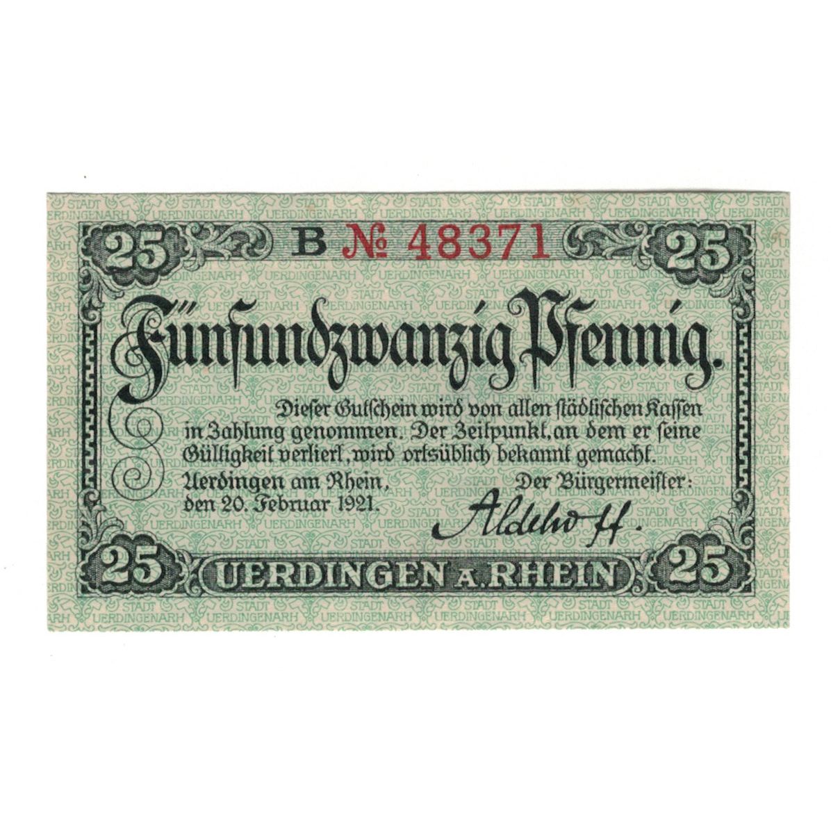 Banknote, Germany, Uerdingen Stadt, 25 Pfennig, Bateaux, 1921, 1921-02-20