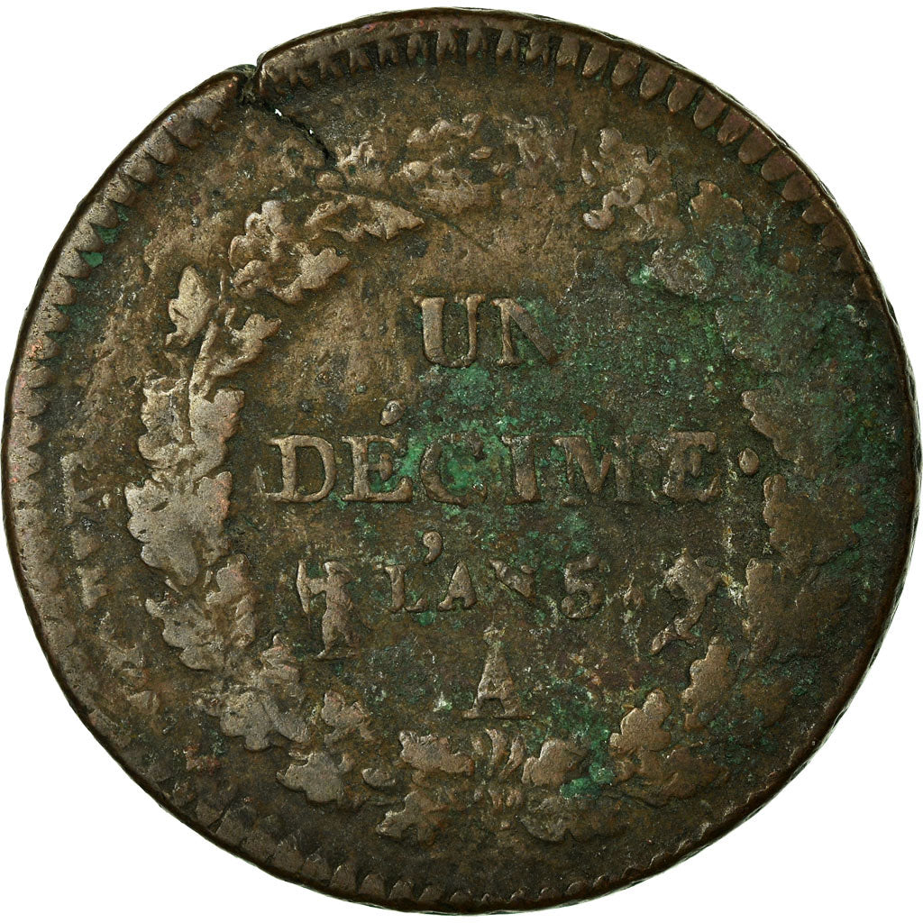 France, Decime, Dupré, 1797, Paris, Bronze, VF(20-25), Gadoury:185