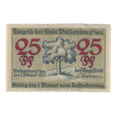 Geldschein, Deutschland, Waldenburg Stadt, 25 Pfennig, personnage, 1920
