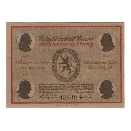 Banknote, Germany, Weimar Stadt, 25 Pfennig, statue, 1921, 1921-03-01