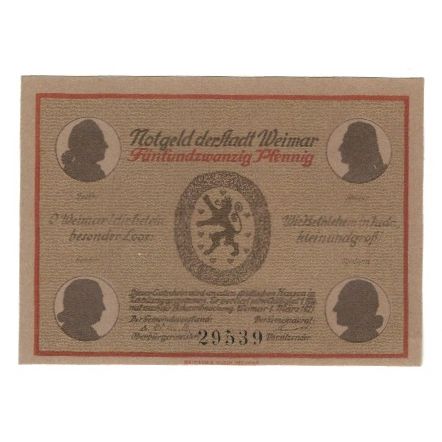 Banknote, Germany, Weimar Stadt, 25 Pfennig, batiment 1, 1921, 1921-03-01