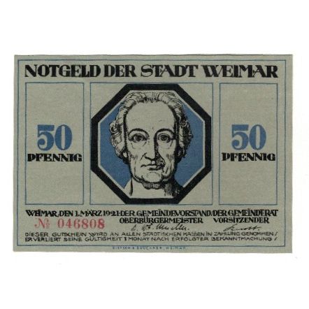 Banconote, Germania, Weimar Stadt, 50 Pfennig, personnage 3, 1921, 1921-03-01