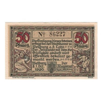 Banknote, Germany, Weilburg a.d. Lahn Stadt, 50 Pfennig, paysage, 1920