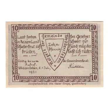 Banknote, Germany, Weddersleben Gemeinde, 10 Pfennig, paysage, 1921, 1921-07-01
