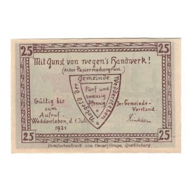 Banknote, Germany, Weddersleben Gemeinde, 25 Pfennig, paysage, 1921, 1921-07-01