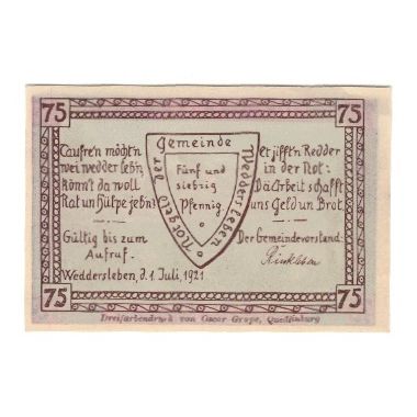 Banknote, Germany, Weddersleben Gemeinde, 75 Pfennig, paysage, 1921, 1921-07-01