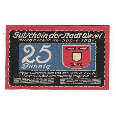 Banknote, Germany, Wesel Stadt, 25 Pfennig, bateau, 1921, 1921-09-30, AU(55-58)