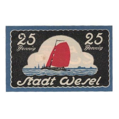 Banknote, Germany, Wesel Stadt, 25 Pfennig, bateau, 1921, 1921-09-30, AU(55-58)