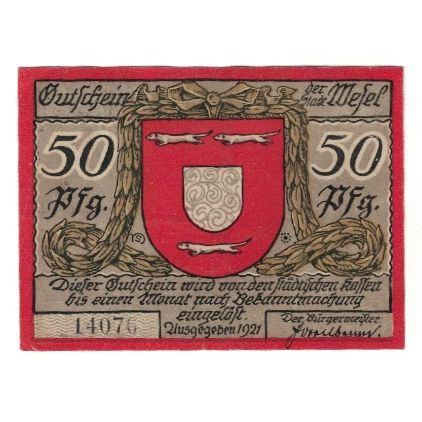 Banknote, Germany, Wesel Stadt, 50 Pfennig, Batiment, 1921, AU(55-58)