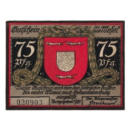 Banknote, Germany, Wesel Stadt, 75 Pfennig, personnage, 1921, AU(55-58)
