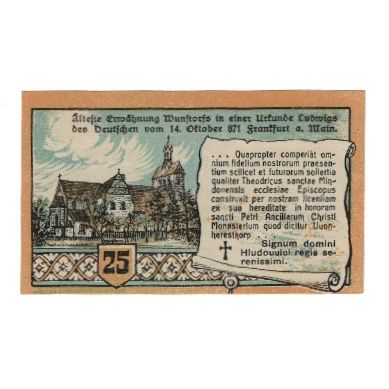 Banknote, Germany, Wunstorf Stadt, 25 Pfennig, Texte, 1922, 1922-04-01