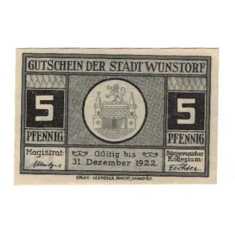 Banknote, Germany, Wunstorf Stadt, 5 Pfennig, Batiment, 1922, 1922-12-31