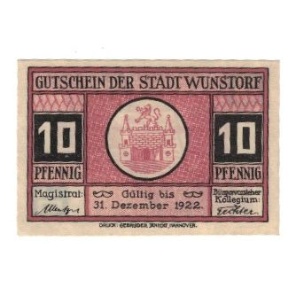Banknote, Germany, Wunstorf Stadt, 10 Pfennig, Batiment, 1922, 1922-12-31