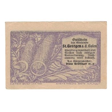 Banknote, Austria, St. Georgen an der Gusen O.Ö. Gemeinde, 20 Heller, valeur