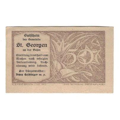 Banknote, Austria, St. Georgen an der Gusen O.Ö. Gemeinde, 50 Heller, valeur