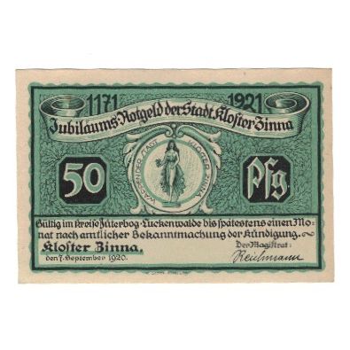 Banconote, Germania, Kloster Zinna Stadt, 50 Pfennig, Monument, 1920